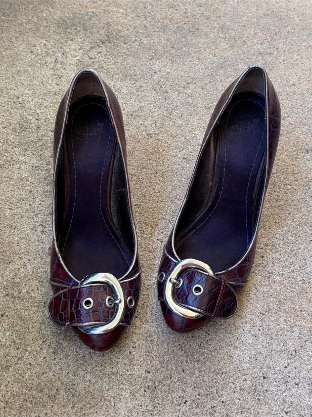 Women’s Dark Burgundy-Brown Croc-Embossed Heels with Buckle